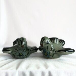 Tonala Ceramic Bird Candlestick Set - Vintage -  Mexico - Grey/green